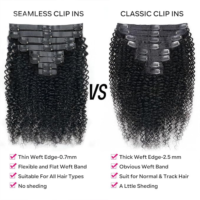 Seamless Curly Clip in Hair Extensions Real Human Hair Brazilian Virgin Human Hair Clip in Extensions 8Pcs Seamless Clip ins for Black Women with 18Clips PU Skin Weft 120g 20inch Natural Black
