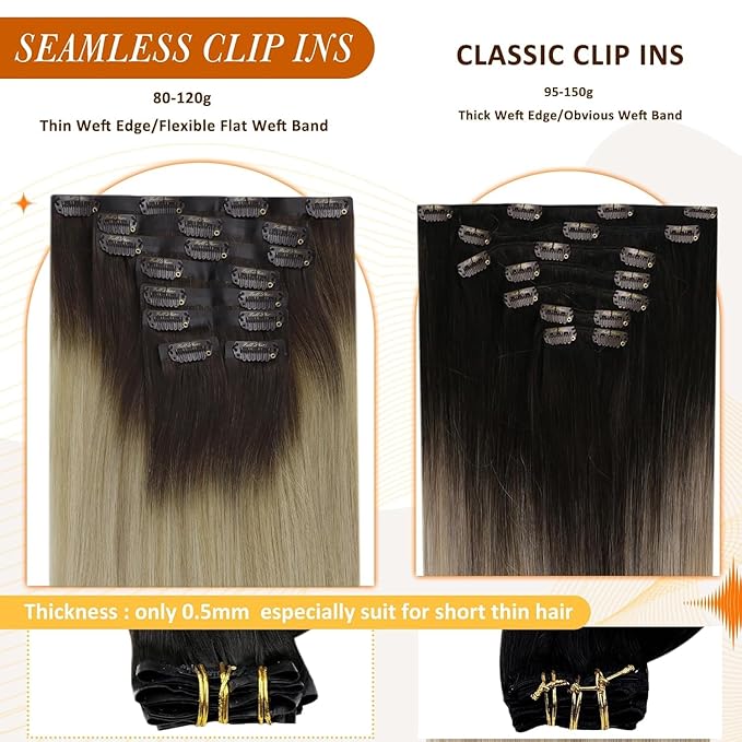 Full Shine Human Hair Clip in Extensions 16 Inch Ombre Dark Brown to Ash Blonde and Platinum Blonde Real Human Hair Clip ins Extension Thick End 8 PCS 120 Grams