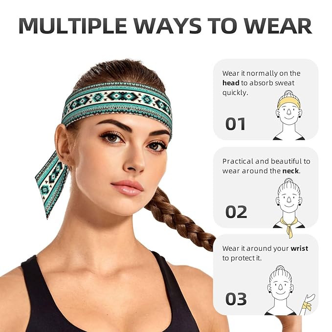 Men Women Beauty Skinny Sports Sweatbands Head Accessories for Running Fitness Shower, Long Multi Style Teal Turquoise Tribal Navajo Aztec Geometric Ethnic Pattern Head Ribbon Headwear
