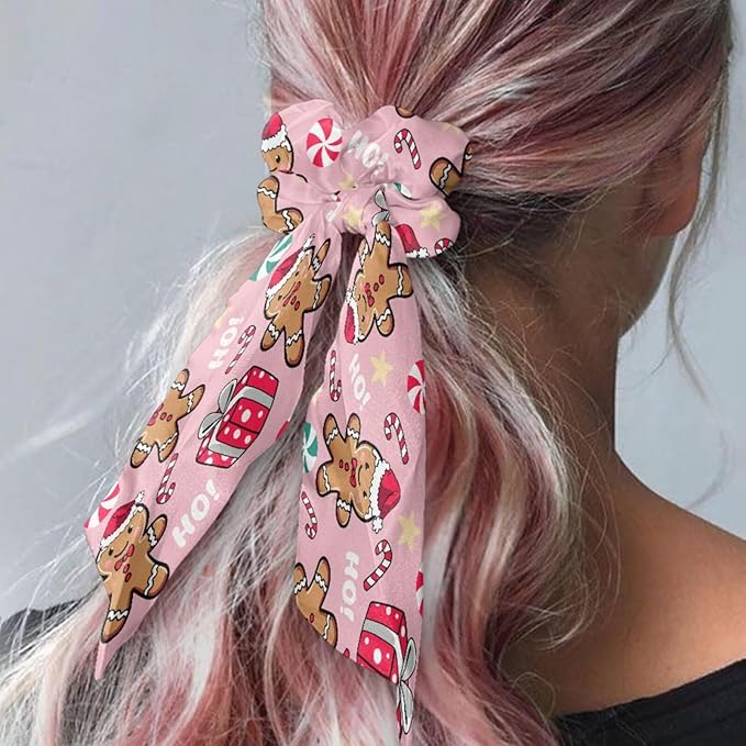 Xmas Candy Cane Pack Of 2 Knotted Bow Hair Scrunchies Gingerbread Man Ponytail Holder Ladies Pink Ribbon Scrunchy Accessory for Christmas