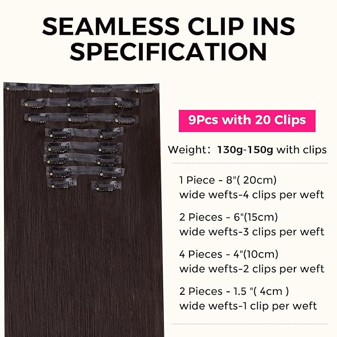 Lashey Seamless Clip in Hair Extensions Human Hair 130g 18 Inch 9pcs #2 Dark Brown Light Yaki Straight Full Pack Clip in Hair Extensions for Women