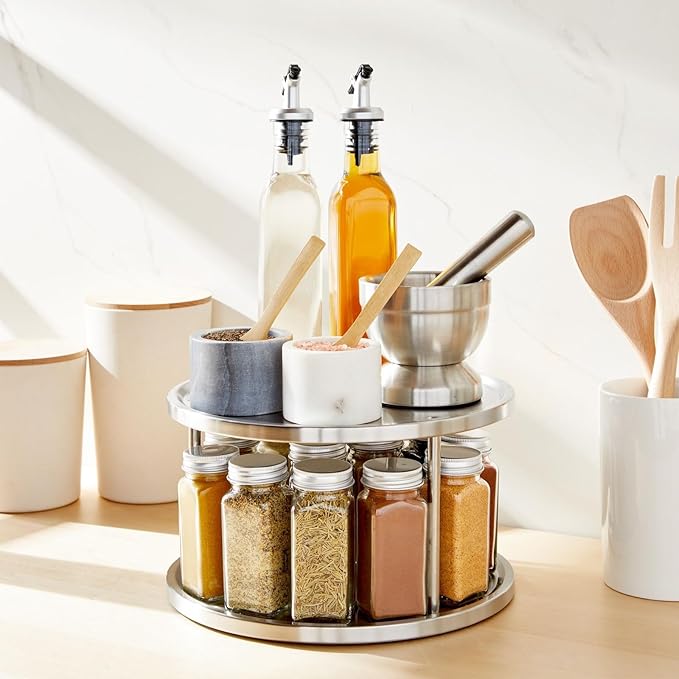 Juvale 2-Tier Lazy Susan Spice Rack Organizer for Cabinet - Stainless Steel Spice Carousel - Pantry & Kitchen Countertop Organizer (10.5 in)