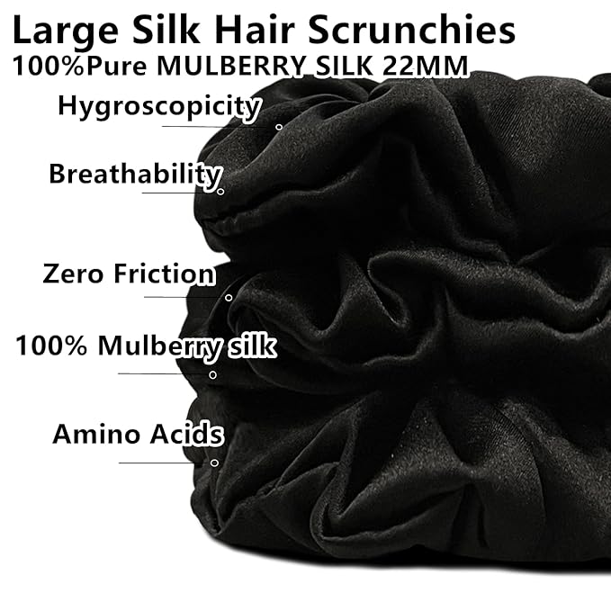Suncdelv Silk,100% Silk Scrunchies for Hair,22 Momme Hair Ties for Anti-Crease & Breakage,Natural Women Hair Accessories，Fashion Hairbands 3PCS （Black）