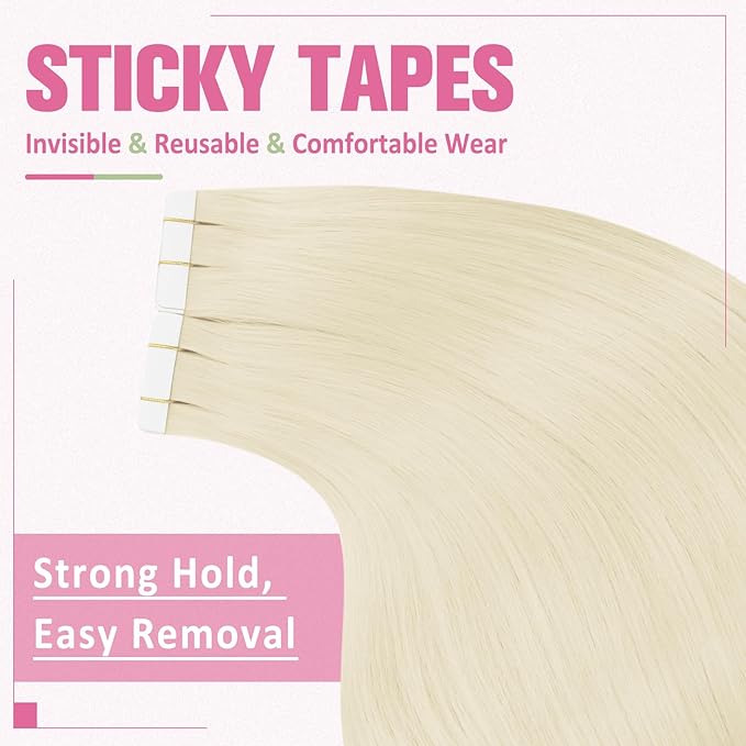 YoungSee Tape in Extensions Platinum Blonde Human Hair Tape in Extensions Blonde Tape in Hair Extensions Human Hair Invisible Tape-in extension Real Human Hair 20 Inch 50g Tapes Extension for Wedding