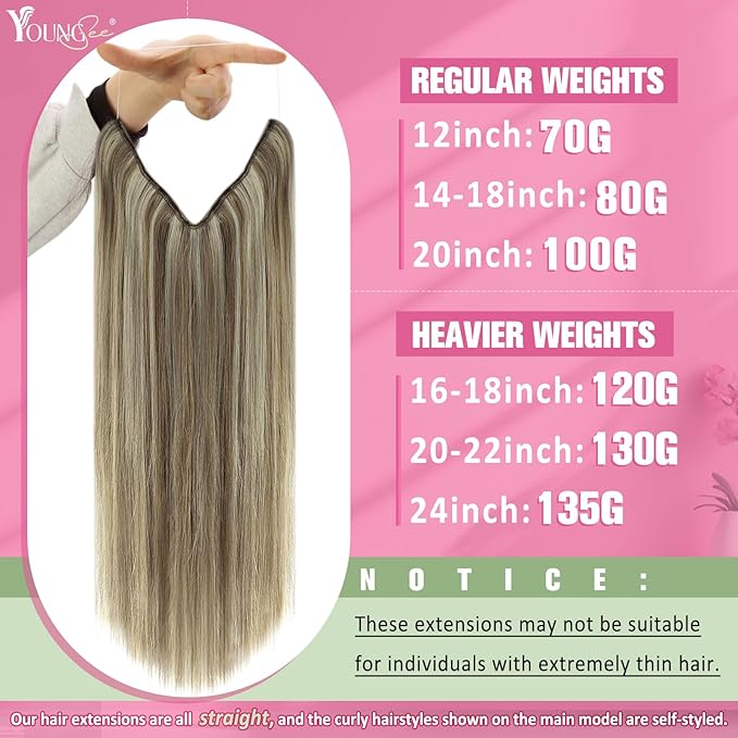 YoungSee Wire Hair Extensions Brown Blonde Invisible Wire Hair Extensions Human Hair Platinum Blonde with Light Brown Highlight Fish Line Hair Extension Real Human Hair 14 Inch 80g