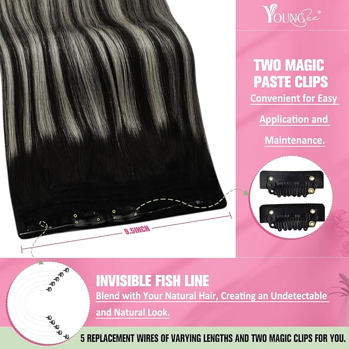 YoungSee Invisible Wire Hair Extensions Black Ombre Wire Human Hair Extensions Black Roots Silver Balayage Remy Headband Hair Extensions Human Hair 16In 80G