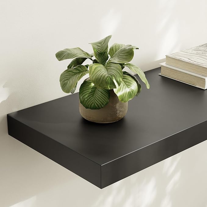 Large Floating Shelves for Wall Set of 2 Wooden Wall Shelves 24 in x 12.75 in x 2 inRoom Decor Long Shelf with Invisible Wall Mount Bracket for Bedroom Kitchen Living Room Black
