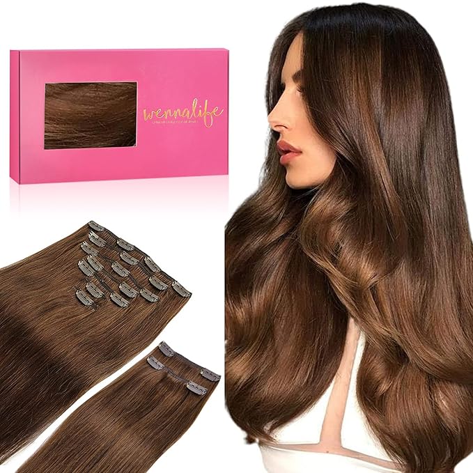 WENNALIFE Clip in Hair Extensions, 150g 22 Inch 9pcs Chocolate Brown Human Hair Extensions Thicker Clip in Hair Extensions Real Human Hair Clip Set Double Weft
