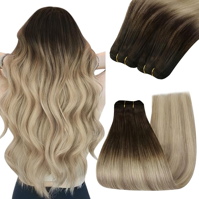 YoungSee 100G Sew in Hair Extensions Real Human Hair Ombre Blonde Weft Hair Extensions Brown Roots to Golden Blonde Mix Platinum Blond Weft Extensions for Short Hair 14Inch