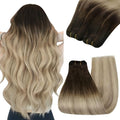 YoungSee 100G Sew in Hair Extensions Real Human Hair Ombre Blonde Weft Hair Extensions Brown Roots to Golden Blonde Mix Platinum Blond Weft Extensions for Short Hair 14Inch