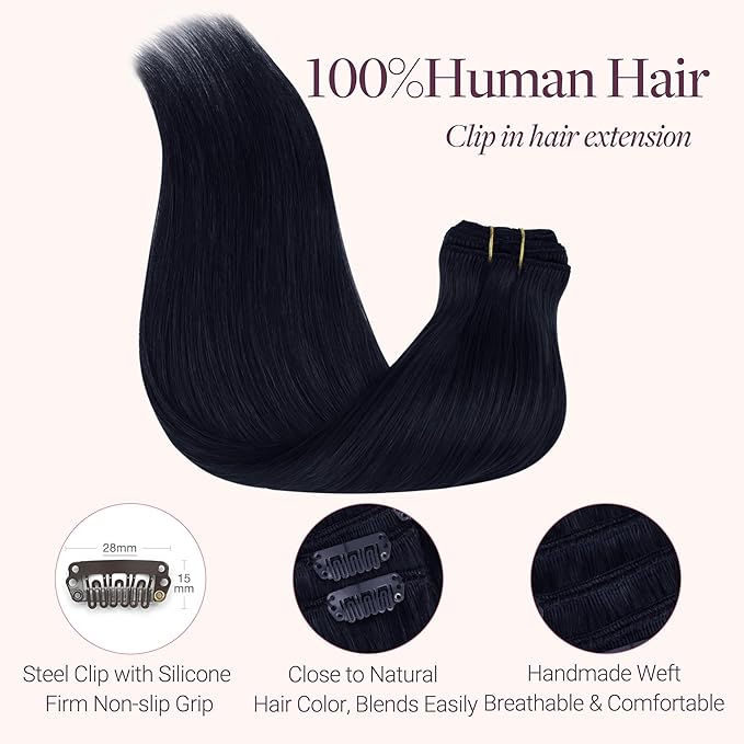 GOO GOO Clip in Hair Extensions Real Human Hair, Remy Human Hair Extensions Clip ins for Women, Natural Human Hair, 16inch 120g 7 Pcs, #1G Blue Black