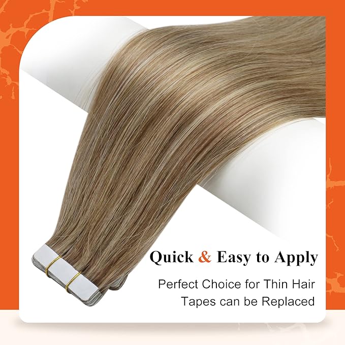 Full Shine Invisible Tape in Hair Extensions Balayage Golden Blonde Highlight Double Sided Tape in Extensions 22Inch 20Pcs 50Grams Seamless Tape Ins Human Hair Extensions for Wedding