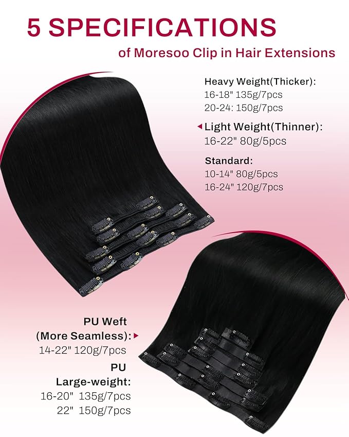 Moresoo Clip in Hair Extensions Real Human Hair Double Weft Human Hair Clip in Extensions Straight Jet Black #1 5pcs 80g 16inch