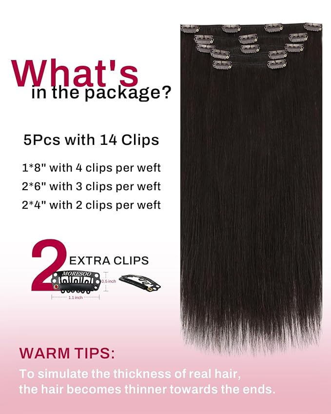 Moresoo Clip in Hair Extensions Dark Brown Hair Extensions Clip ins Real Human Hair Brown Straight 80g/18 inch