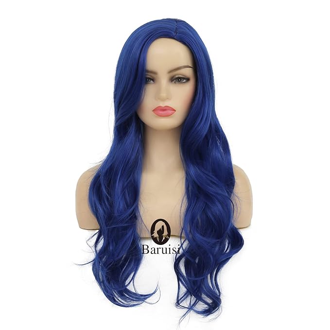 Baruisi Long Curly Wavy Blue Wigs for Women Side Part Natural Looking Cosplay Synthetic Fiber Wig Heat Resistant Replacement Wig