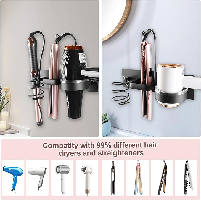 Hair Dryer Holder Wall Mounted 3in1 Hair Tool Organizer Blow Dryer Holder Bathroom Care Styling For Flat Iron,Curling Iron Matte Black