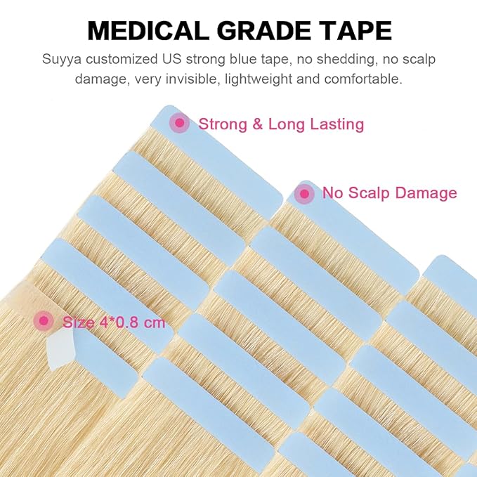 SUYYA Tape in Hair Extensions Human Hair Bleach Blonde 28 Inch 60g/pack 20pcs Straight Seamless Skin Weft Tape in Real Human Hair Extensions(28inch #613 Bleach Blonde)