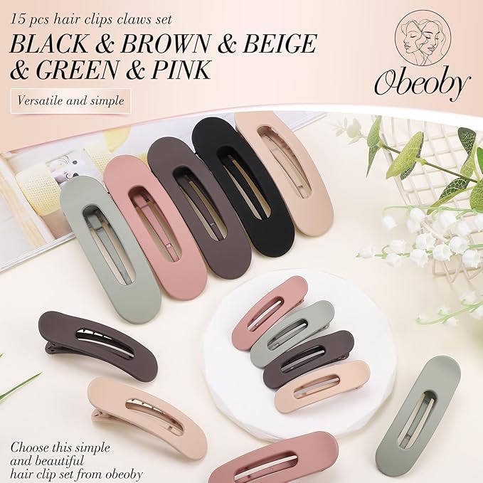15 PCS Flat Claw Clips, 5 Colors Flat Hair Clips 3 Sizes Hair Claws for Women Girls Accessories Barrettes for thick Thin Hair