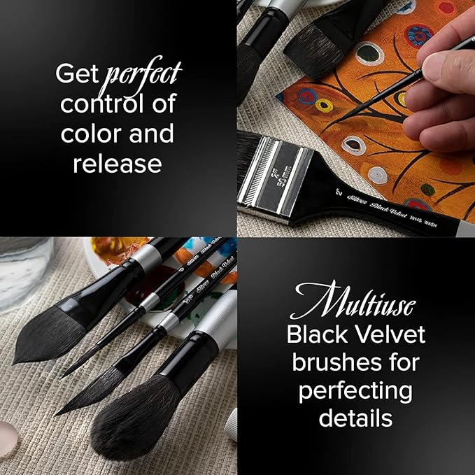 Silver Brush Limited BV-3054S Black Velvet Short Handle Small Round Brushes, Mixed Filament with Very Soft Tips, 4pc Professional Artist Painting Bundle for Watercolors, Gouache, Dyes & Silk Painting