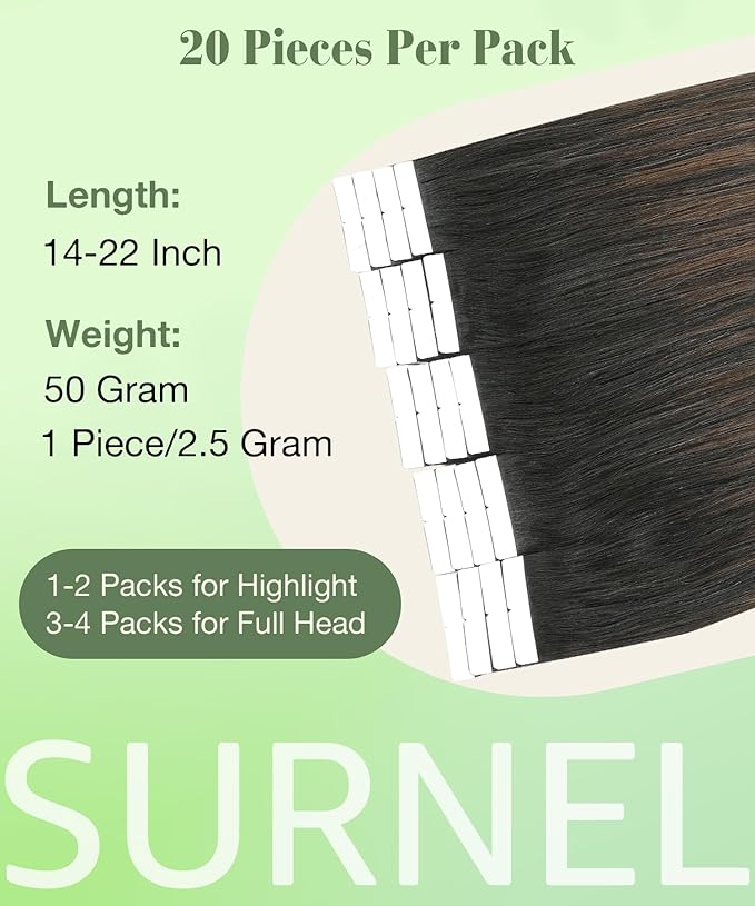 SURNEL Tape in Hair Extensions Human Hair 18inch Natural Black to Chocolate Brown and Caramel Blonde Tape in Hair Extensions 20pcs 50g(#1B/4/27-18)