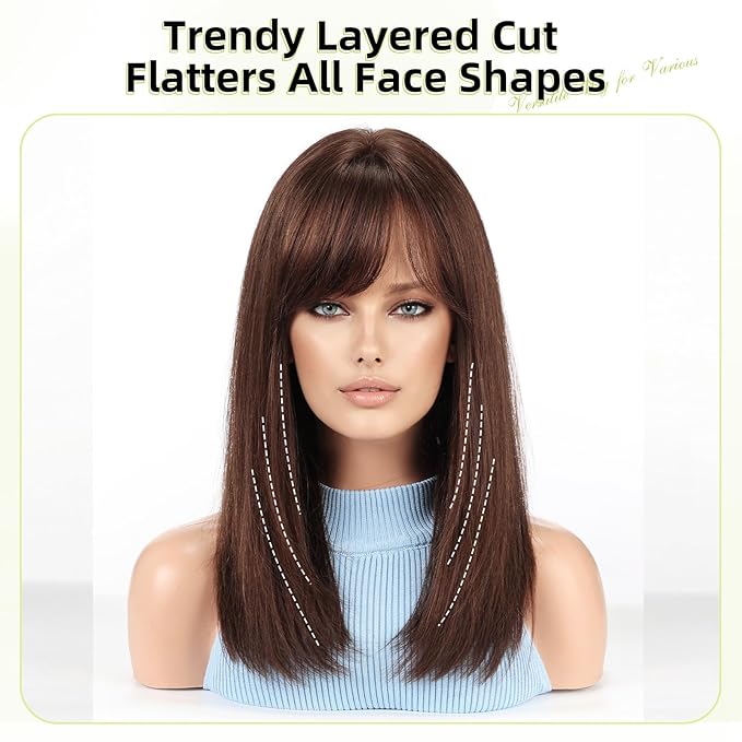 RSY Straight Human Hair Wigs for Women, Shoulder Length and Layered Real Hair Auburn Wig with Bangs for Daily Party Use