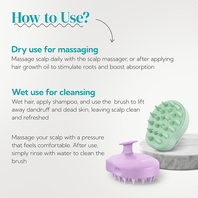 HEETA Scalp Massager 2 Pack for Hair Growth, Soft Silicone Bristles to Remove Dandruff and Relieve Itching, Scalp Scrubber for Hair Care Relax Scalp, Shampoo Brush for Wet Dry Hair, Purple & Green