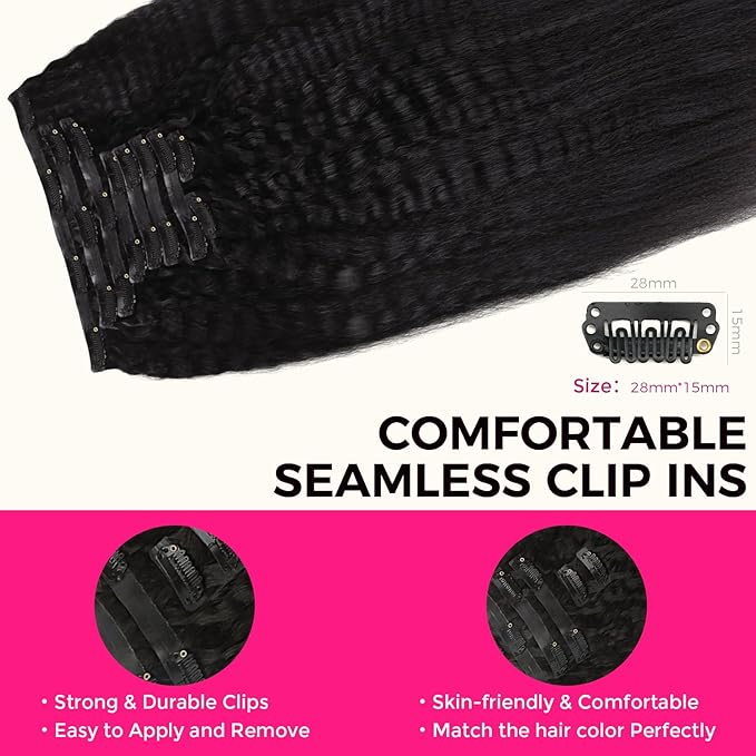 Lashey Seamless Clip in Hair Extensions Human Hair 130g 18 Inch 9pcs #1 Jet Black Kinky Straight Full Pack Clip in Hair Extensions for Women
