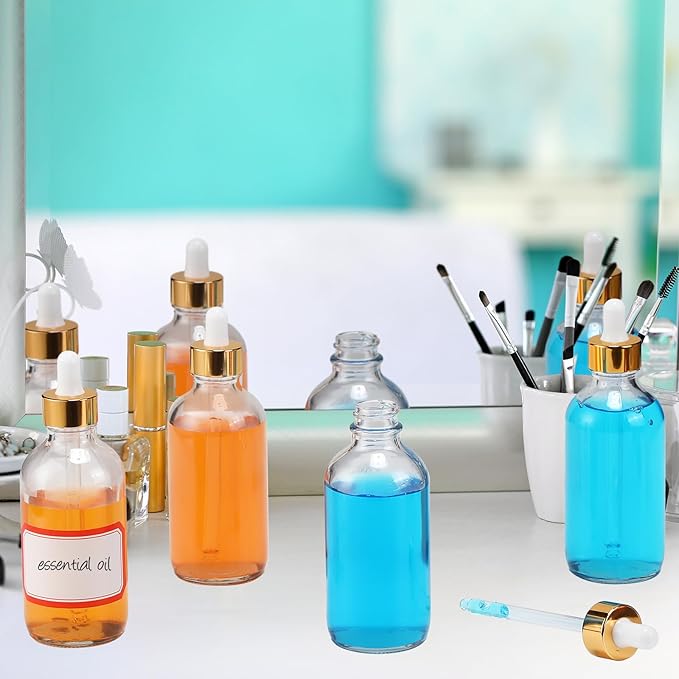 Dandat 50 Pack 4 oz Glass Dropper Bottles Leakproof 120 ml Glass Tincture Bottles with Eye Droppers, 4 Funnels, 54 Labels for Essential Oil Perfumes Hair Oil(Clear)