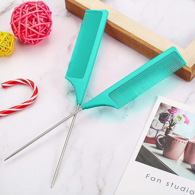 3 Packs Rat Tail Comb Steel Pin Rat Tail Carbon Fiber Heat Resistant Teasing Combs with Stainless Steel Pintail (Green)