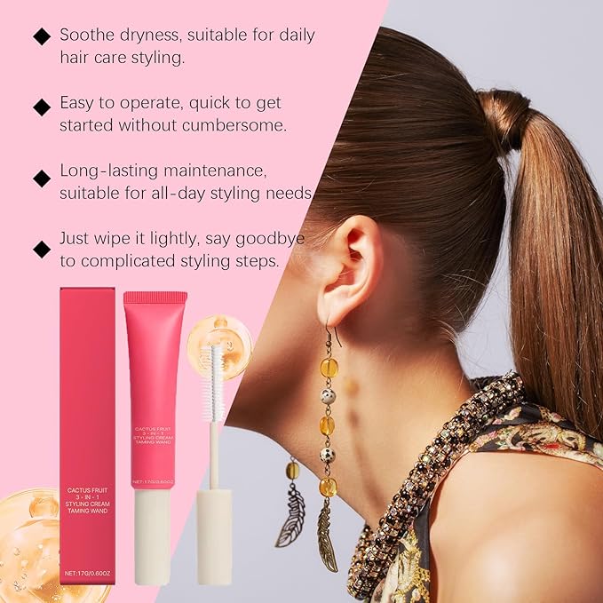3-In-1 Hair Cactus Fruit Styling Cream & Hair Taming Wand– Hair Care Styling Cream,Tame Flyaways,Style Edges,Natural Shine,Light and Non-Greasy ﻿ (1 PCS)