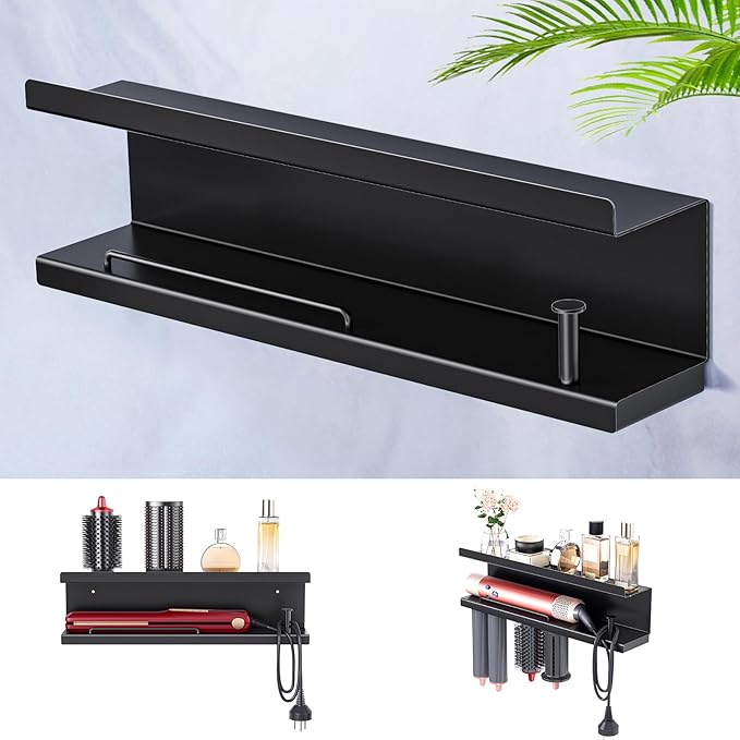 Hair Dryer Holder Wall Mounted Curling Iron Accessories Storage, Straightener Holder, Blow Dryer Holder Organizer, Adhesive Drilling Hair Tool Organizer for Bathroom (Black)