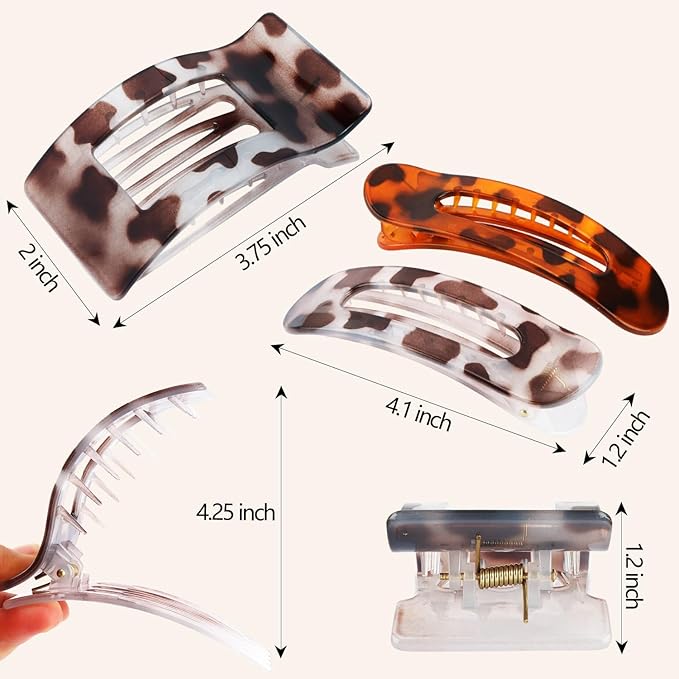 Velscrun Flat Hair Clips for Women Girls, 2 Styles 8 Pcs Lay Flat Claw Clips, Strong Hold French Duck Billed Large Side Hair Jaw Clip for All Hair Types, Fashion Trendy Hair Accessories Tortoise