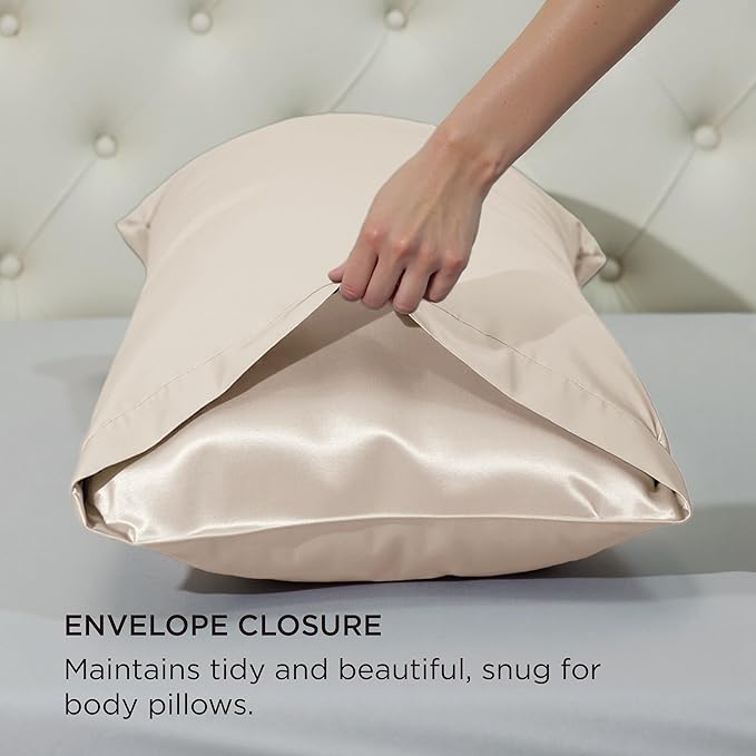Bedsure Body Pillow Cover 20x54 Inches - Beige Satin Similar to Silk Pillowcase for Hair and Skin, Cooling and Silky Long Body Pillow Pillowcase with Envelope Closure, Gifts for Women Men
