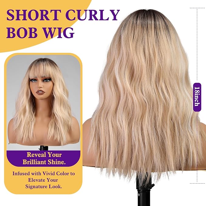 Ombre Blonde Wig with Bangs,Blonde Highlight Wavy Wigs for Women,Shoulder Length Curly Synthetic Hair Wig for Party Daily Use 18IN…