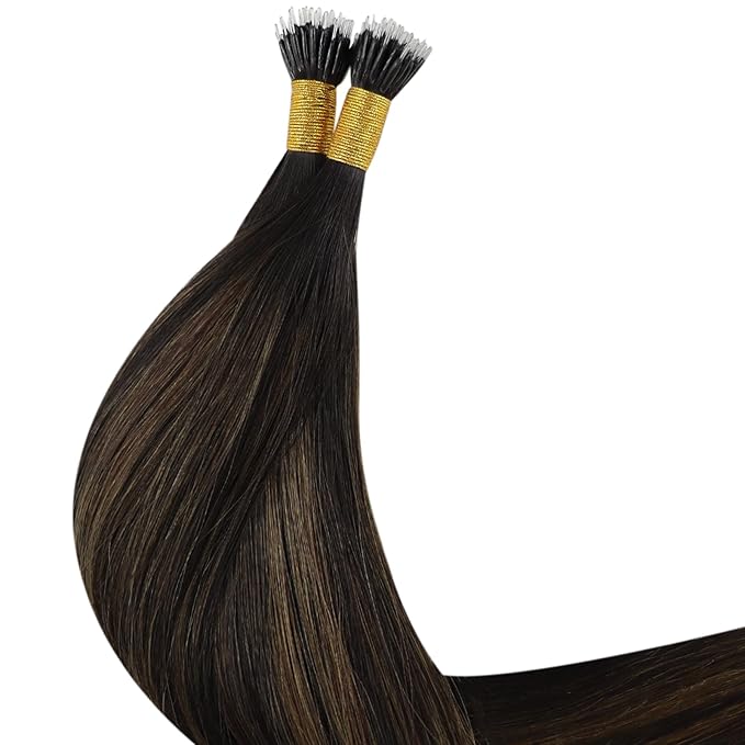 YoungSee Nano Bead Hair Extensions Human Hair Brown 18 inch Nano Ring Hair Extensions Human Hair Balayage Nano Hair Extension Dark Brown Ombre Browns Pre Bonded Nano-Tip Hair Extension 50s 50g