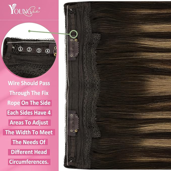 YoungSee Wire Hair Extensions Real Human Hair Balayage Hair Wire with Adjustable Clips Dark Brown Fading to Caramel Blonde Mix Brown Human Hair Fish Line Extensions for Thin Hair 14Inch 80G