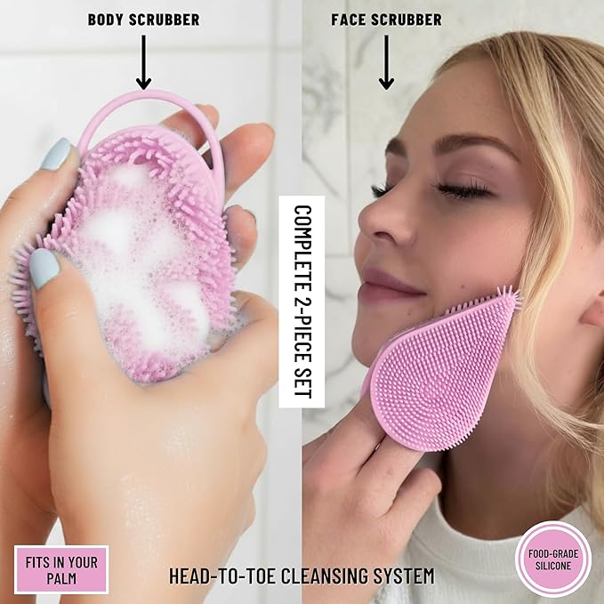 Body Face Scrubber Set Silicone - 2 Pack Shower Brush Facial Cleansing Kit - Avilana Bath Loofah Alternative Complete Skincare System Dual Sided - Gift Set Women Men