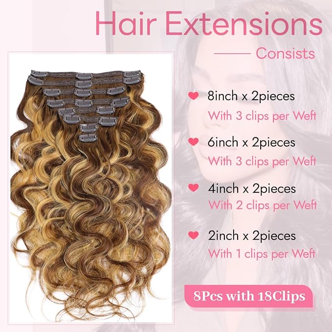 Clip in Hair Extensions Real Human Hair Body Wave #4/27 Chocolate Brown to Honey Blonde 100% Brazilian Remy Human Hair Extensions 8pcs Per Set with 18 Clips Double Weft 22 Inch 110g/3.6oz