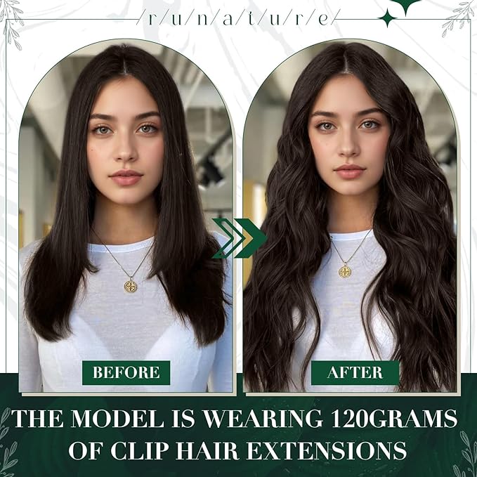 RUNATURE Clip in Hair Extensions Real Human Hair, Brown Hair Extensions Clip Ins, Double Weft Human Hair Clip in Extensions, Remy Natural Hair, Add Hair Length, 18 Inch 50g 3pcs #2 Dark Brown