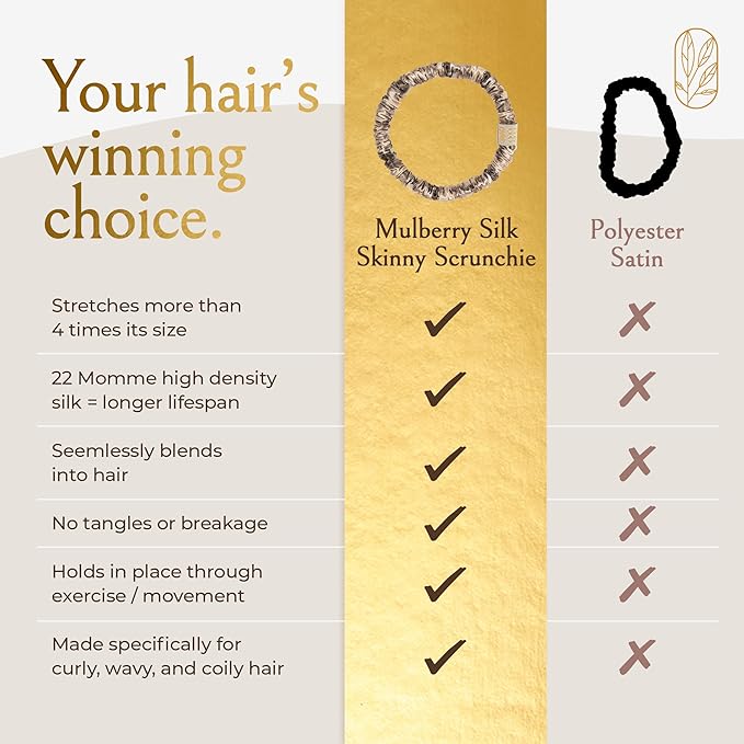 Authentic Mulberry Silk Skinny Hair Match Scrunchies for Women, Anti Breakage Hairties for Curly Thick & Thin Hair, 100% Silk for Buns, Sleep & Ponytail, Cool Blonde/Bronde (4 Pack)