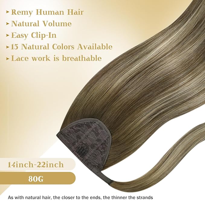 Ve Sunny Hair Extensions Ponytail Real Human Hair 80G Wrap Around Clip in Ponytail Hair Extensions Straight Extensions Human Hair for Women Walnut Brown Ombre Light Brown Balayage Blonde 14inch