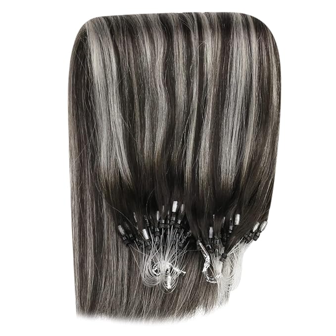YoungSee Micro Link Hair Extensions Human Hair Ombre Micro Loop Hair Extensions Real Human Hair Silver with Black Balayage Beaded Hair Extension Pre Bonded Hair for Girls 16Inch 50g 50s