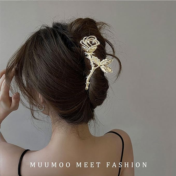 Rose Metal Flower Hair Clips, 1Pcs 4.52Inch Elegant Non-Slip Hair Accessory for Thin Thick Hair for Women & Girls (Gold Rose)