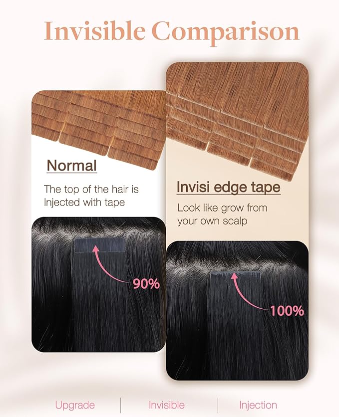 GOO GOO Invisi Edge Tape in Hair Extensions Human Hair, 330 Cinnamon Terra Copper 10pcs injected with 10pcs classical tape ins, 24inch 50g, Virgin Remy Hair, Natural Look