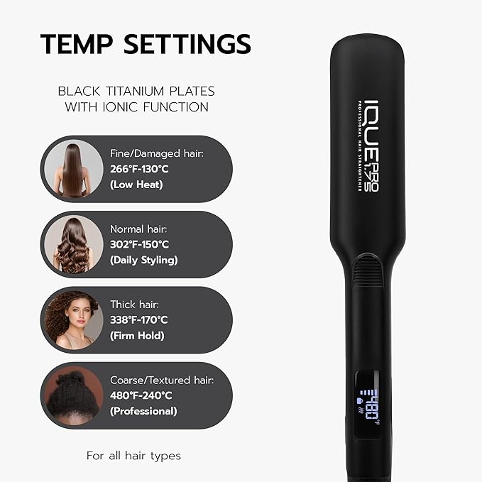 iQUE Flat Iron Hair Straightener & Curler 2-in-1 | Titanium Plates with Ionic Function | Heats in 2 Sec | Adjustable Temp up to 480°F | LCD Display | Dual Styling Tool | Dual Voltage 100-240V | 1.75"