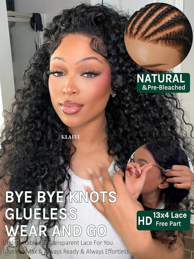 KLAIYI Water Wave Pre Everything Glueless 13x4 Lace Front Wigs Human Hair Precut Lace Pre Plucked Pre Bleached Bye Bye Knots Curly Wear and Go Beginners Wig with Drawstring 30S Ready to Wear 22Inch