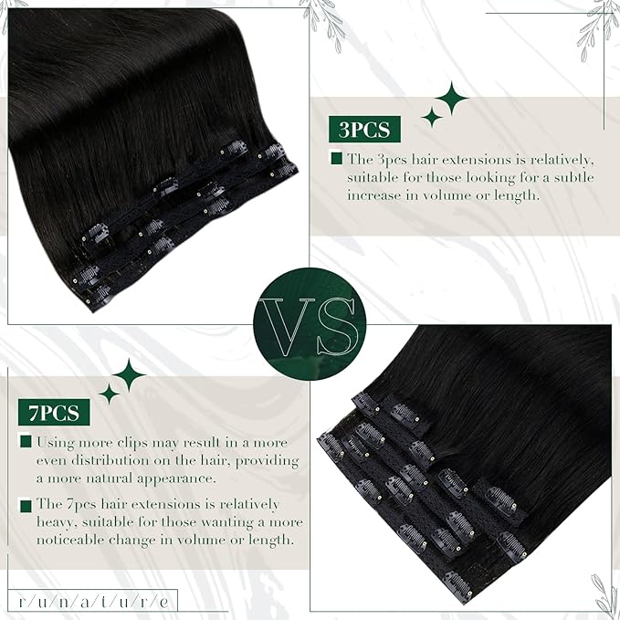 RUNATURE Real Human Hair Clip in Extensions Black, 10 Inch Clip in Hair Extensions, Short Hair Extensions Clip Ins, Remy Natural Hair For Women, Easy To Apply, 50g 3pcs #1B Off Black