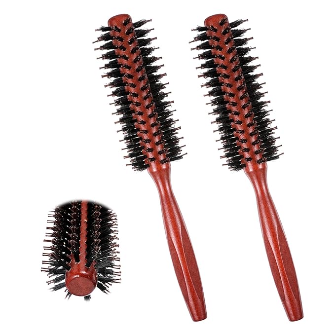 2 Pack Small Round Hair Brush Boar Bristle Roller Hairbrush Wooden Handle Volumizing Hair Brush for Blow Drying Short Thin Fine Hairs Styling Women Curling Bangs Men Beard Travel Household