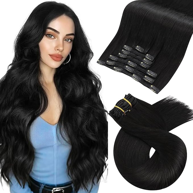 Moresoo Black Clip in Hair Extensions Real Human Hair Natural Black Hair Extensions Clip in Long Remy Human Hair Straight for Women Full Head 120g/7pcs 22 inch