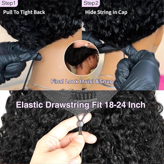 7x6 Burmese Curly Glueless Wigs Human Hair Pre Plucked Pre Cut 250% Density Drawstring Wig Human Hair 7x6 HD Lace Front Wigs Human Hair for Black Women Wear and Go Glueless Wig Natural Color 20inch